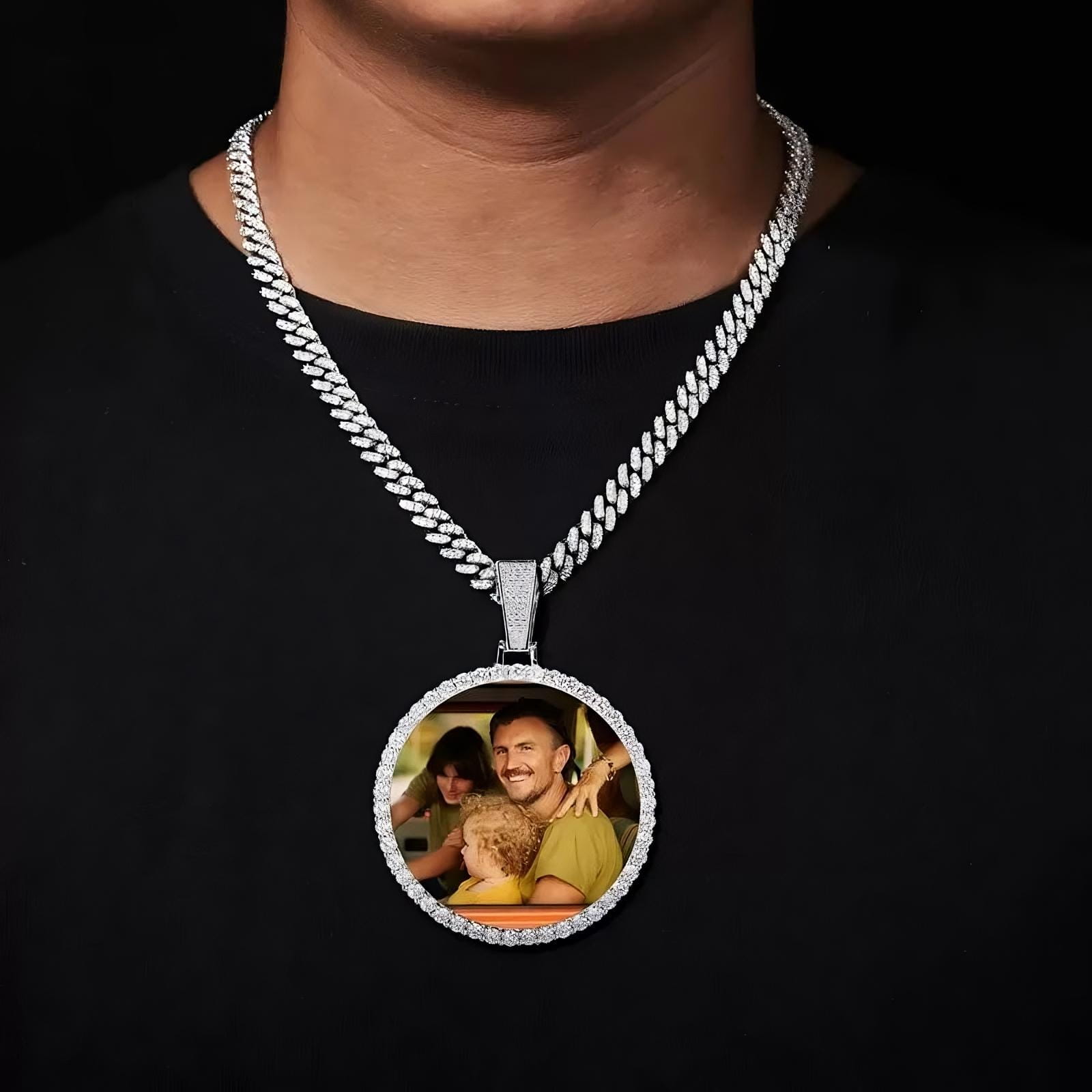 Silver large 3D custom photo round pendant – 70mm iced-out personalized jewelry gift