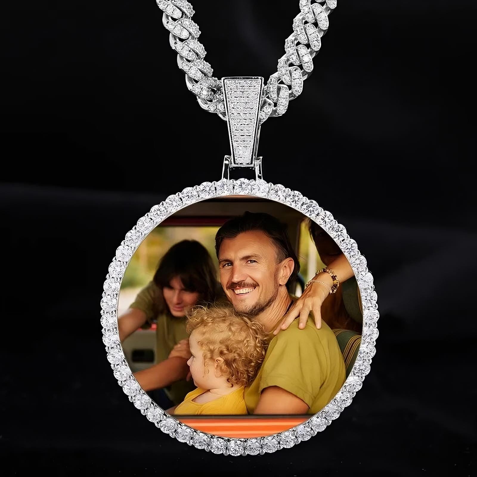 Silver 3D large round custom photo pendant – 70mm personalized memorial jewelry
