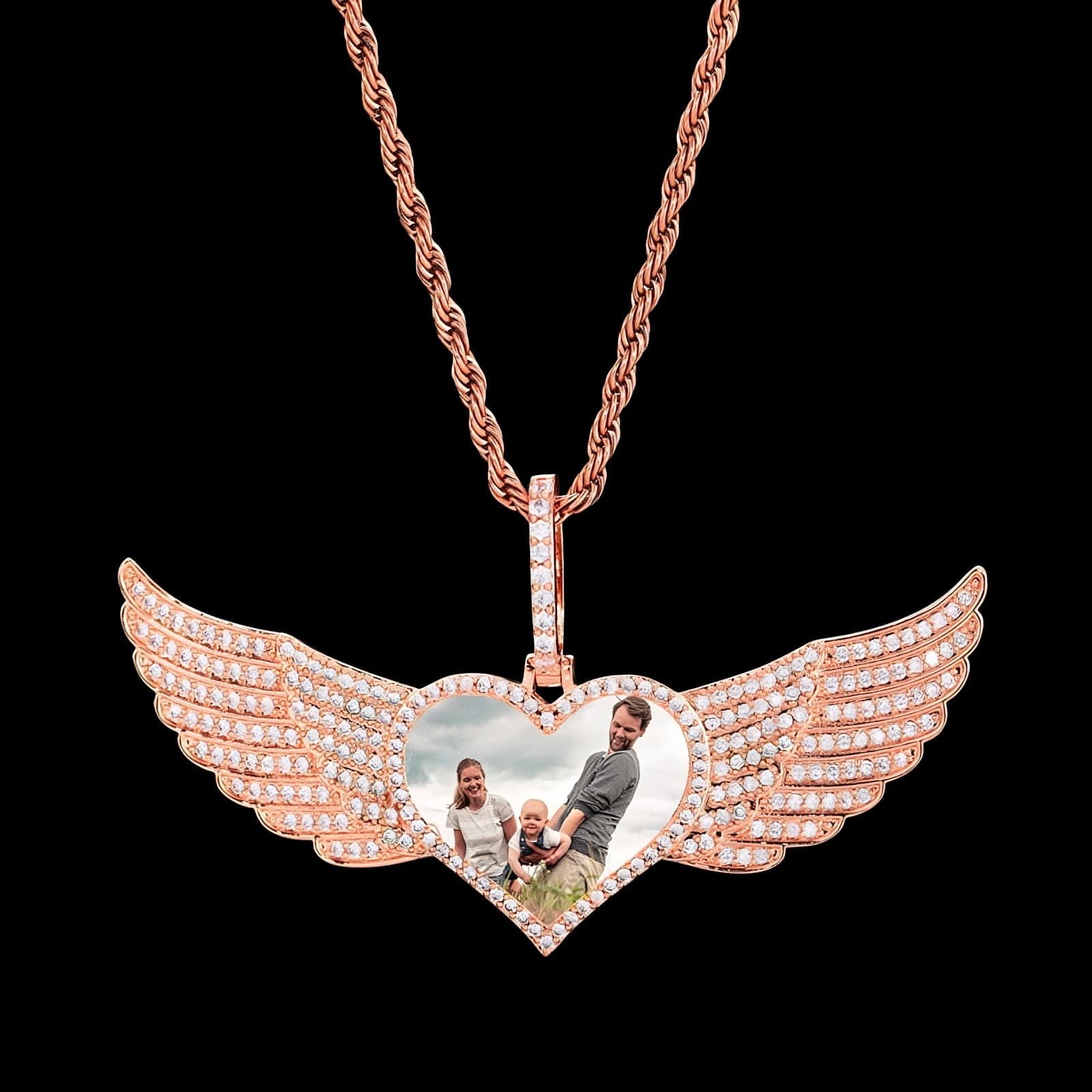 Rose gold large angel wings custom heart pendant – 80mm personalized photo memorial necklace