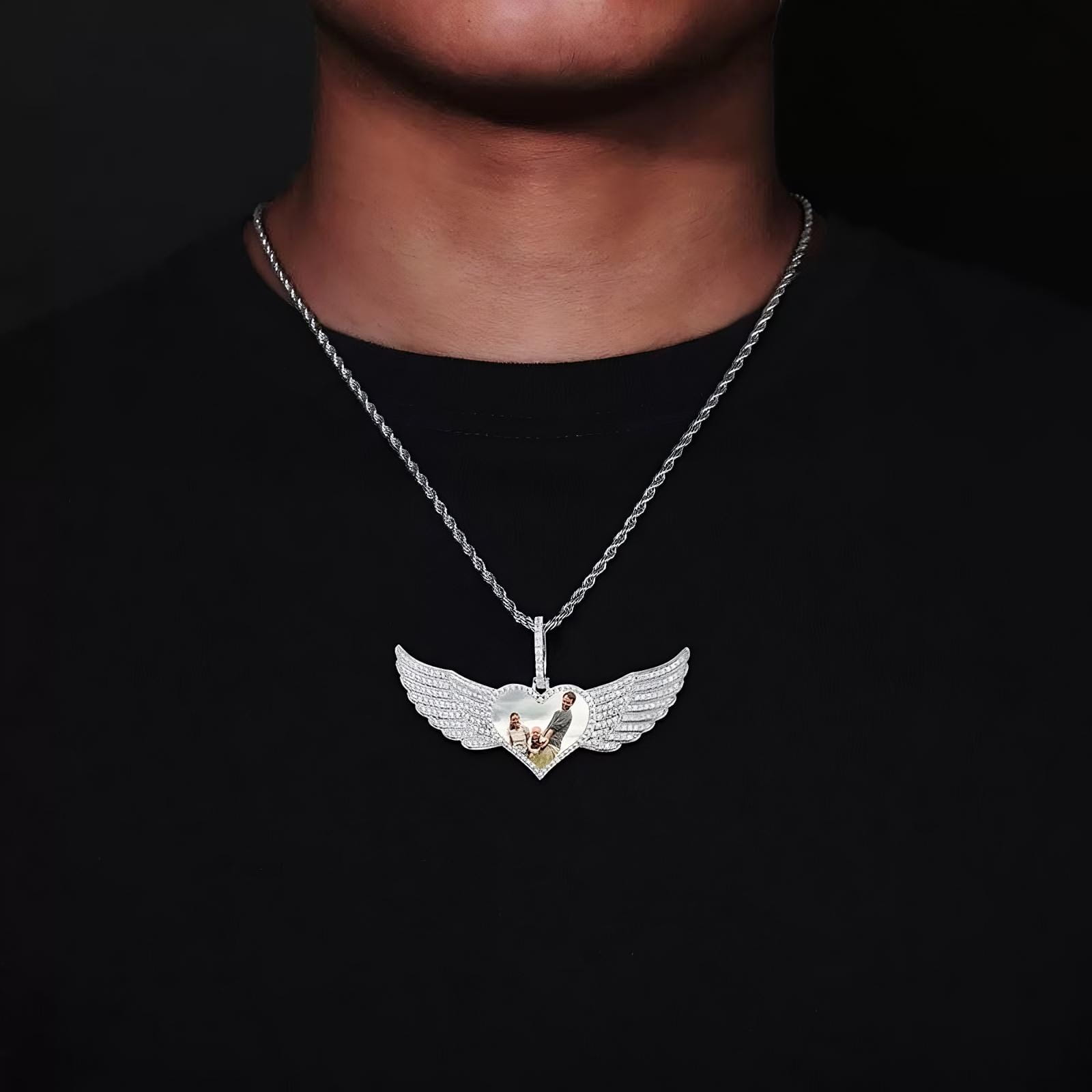 Model showing silver angel wings custom heart photo pendant – 80mm memorial necklace