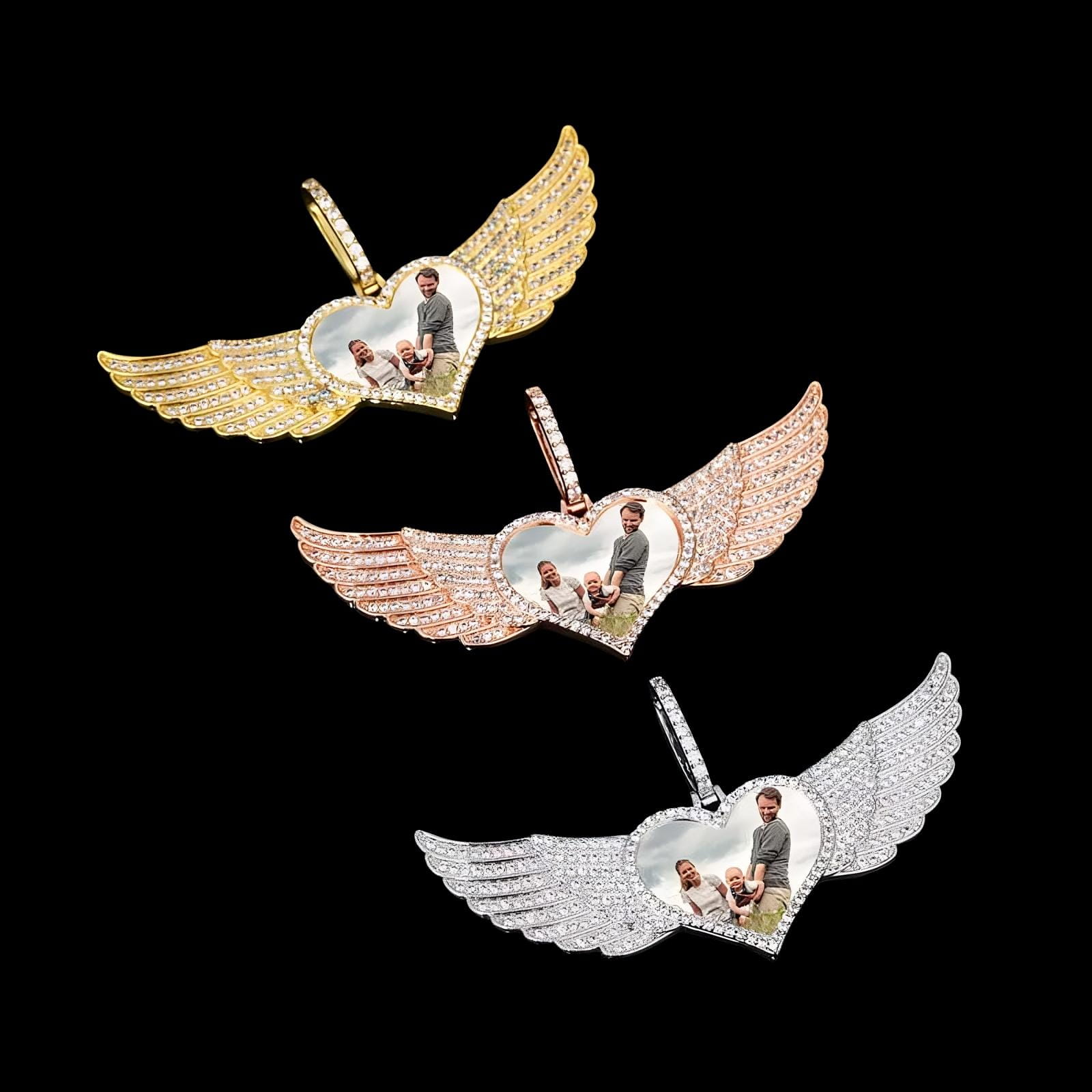 Angel wings custom heart pendant color options – gold, rose gold, silver – 80mm personalized photo necklace