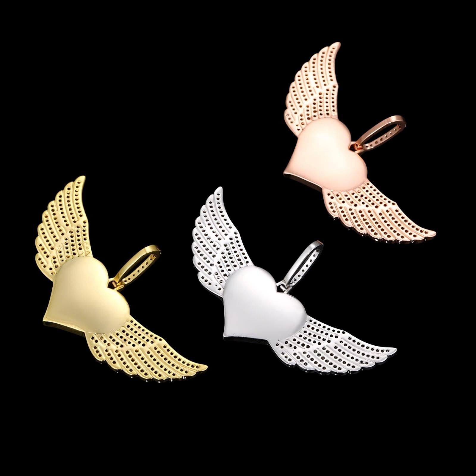 Backside and details of 80mm angel wings custom heart pendant – available in multiple metal finishes