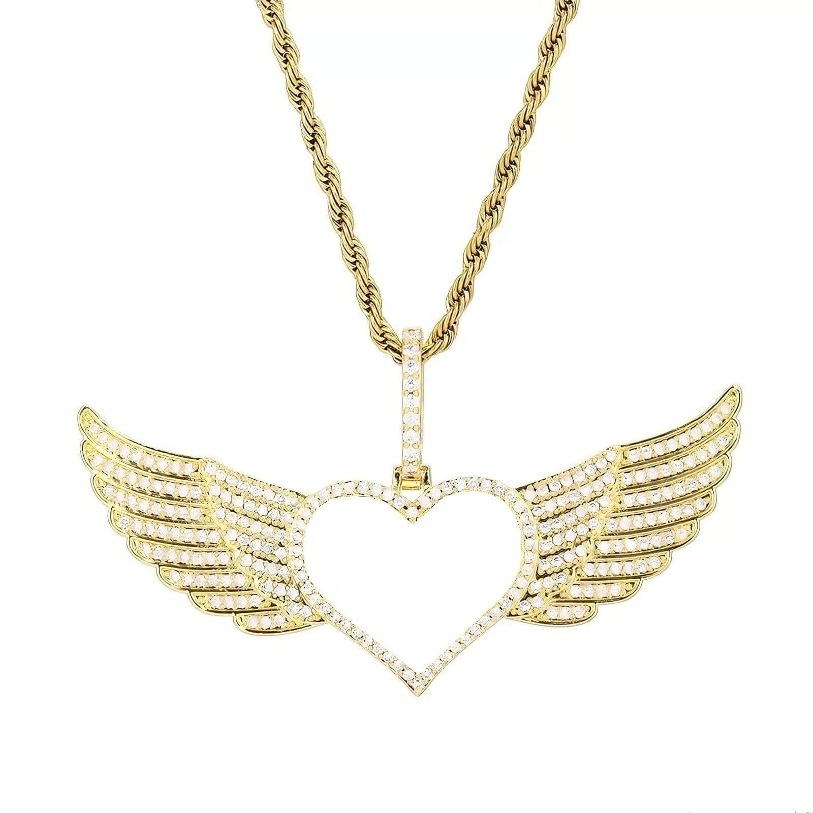 18k gold angel wings heart pendant frame – 80mm custom necklace ready for personalized photo engraving