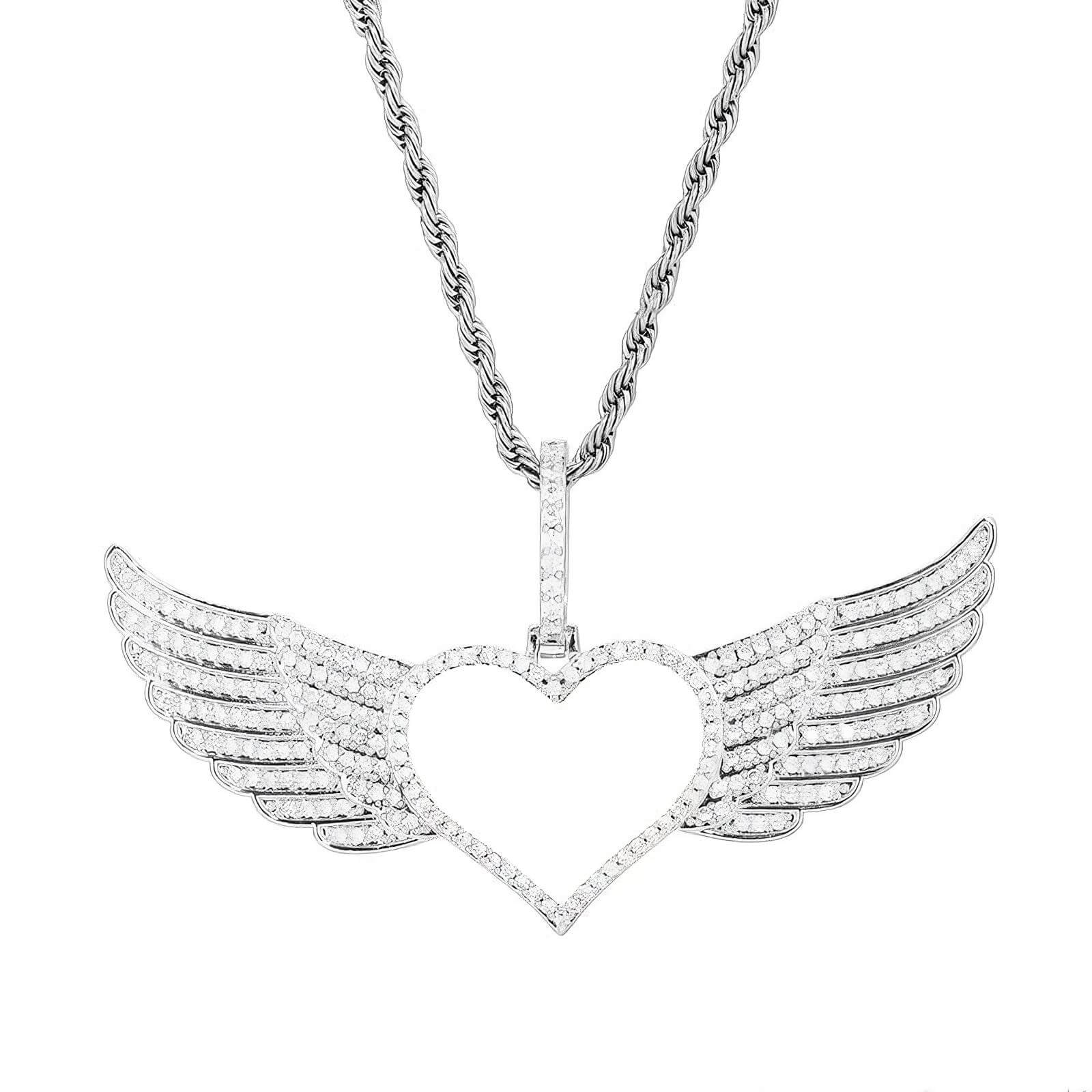 Iced silver angel wings heart pendant frame – 80mm custom photo necklace ready for personalization
