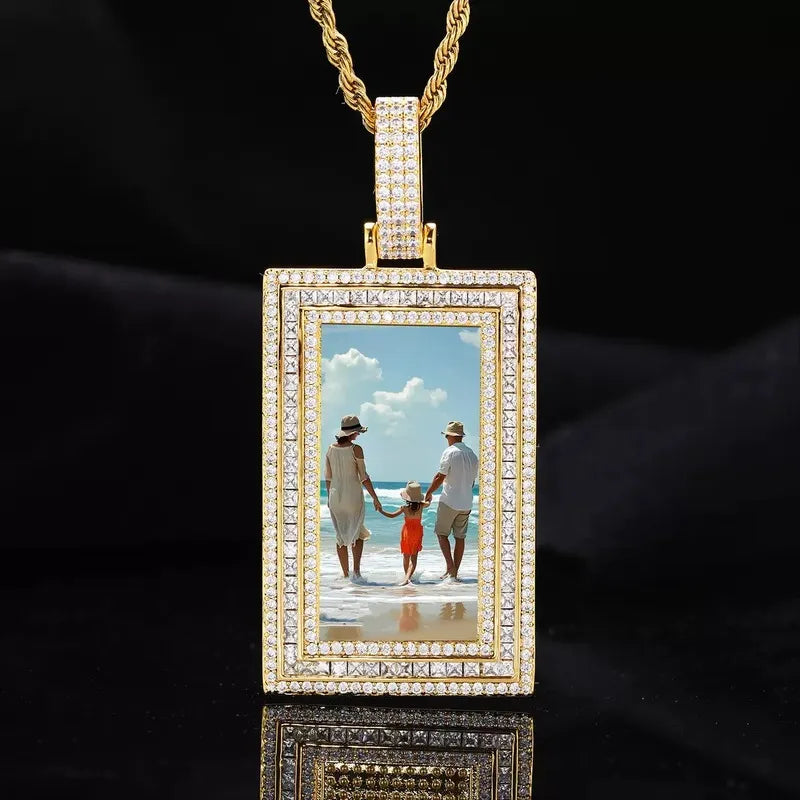 Gold custom rectangular pendant with memorial photo – 43mm personalized jewelry