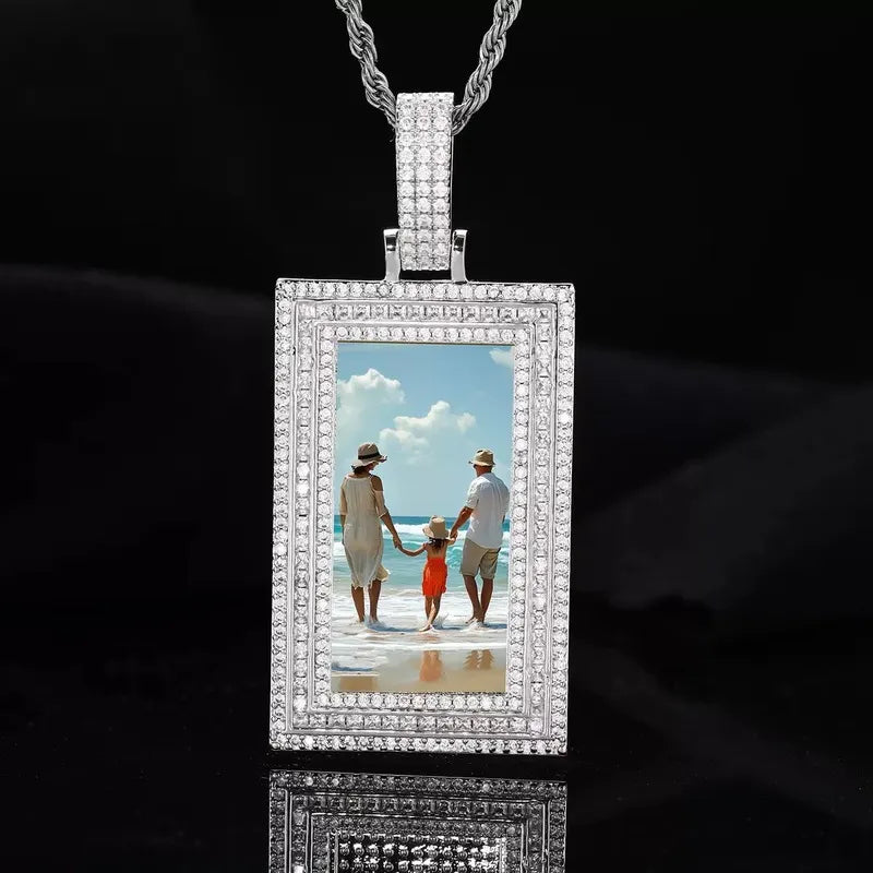 Silver rectangular custom photo pendant with micro-pavé stones – 43mm personalized memorial jewelry