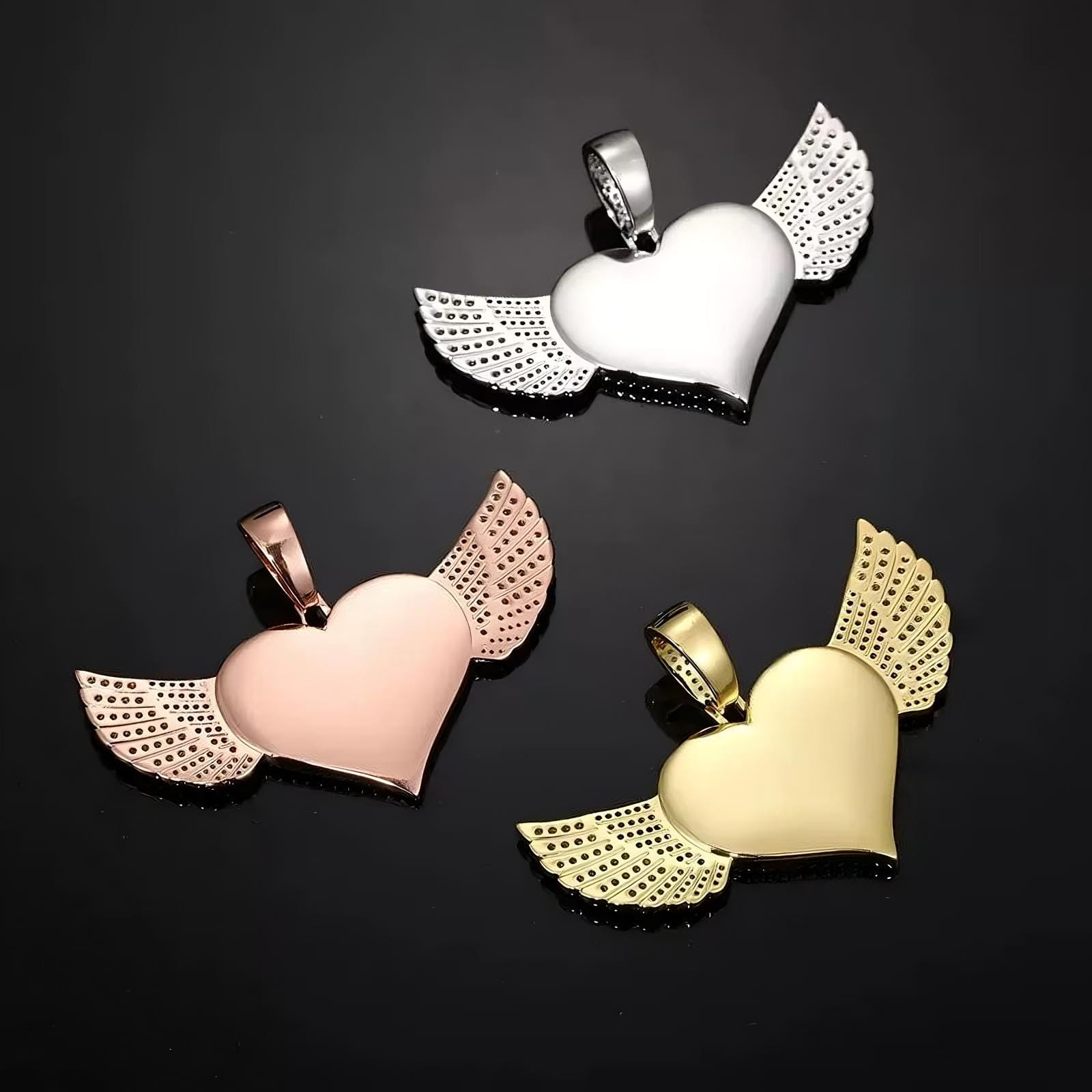 Back view and color variations of custom heart wings pendant - 25mm personalized jewelry options