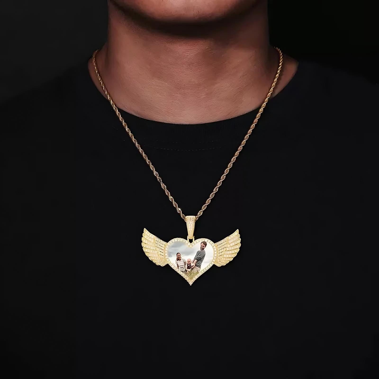 Gold micro-inlaid heart-shaped wings photo pendant - 25mm custom family necklace