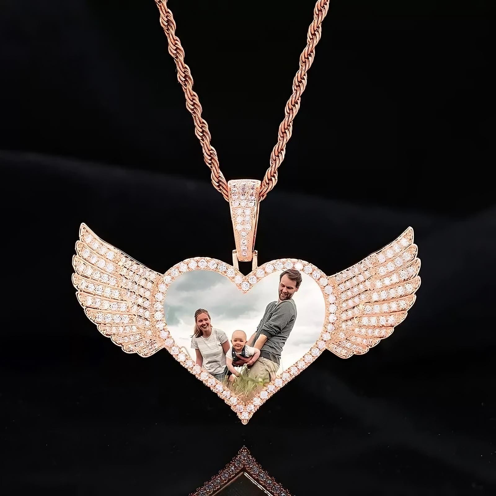 Micro-inlaid custom photo heart wings pendant in rose gold - 25mm personalized memorial necklace