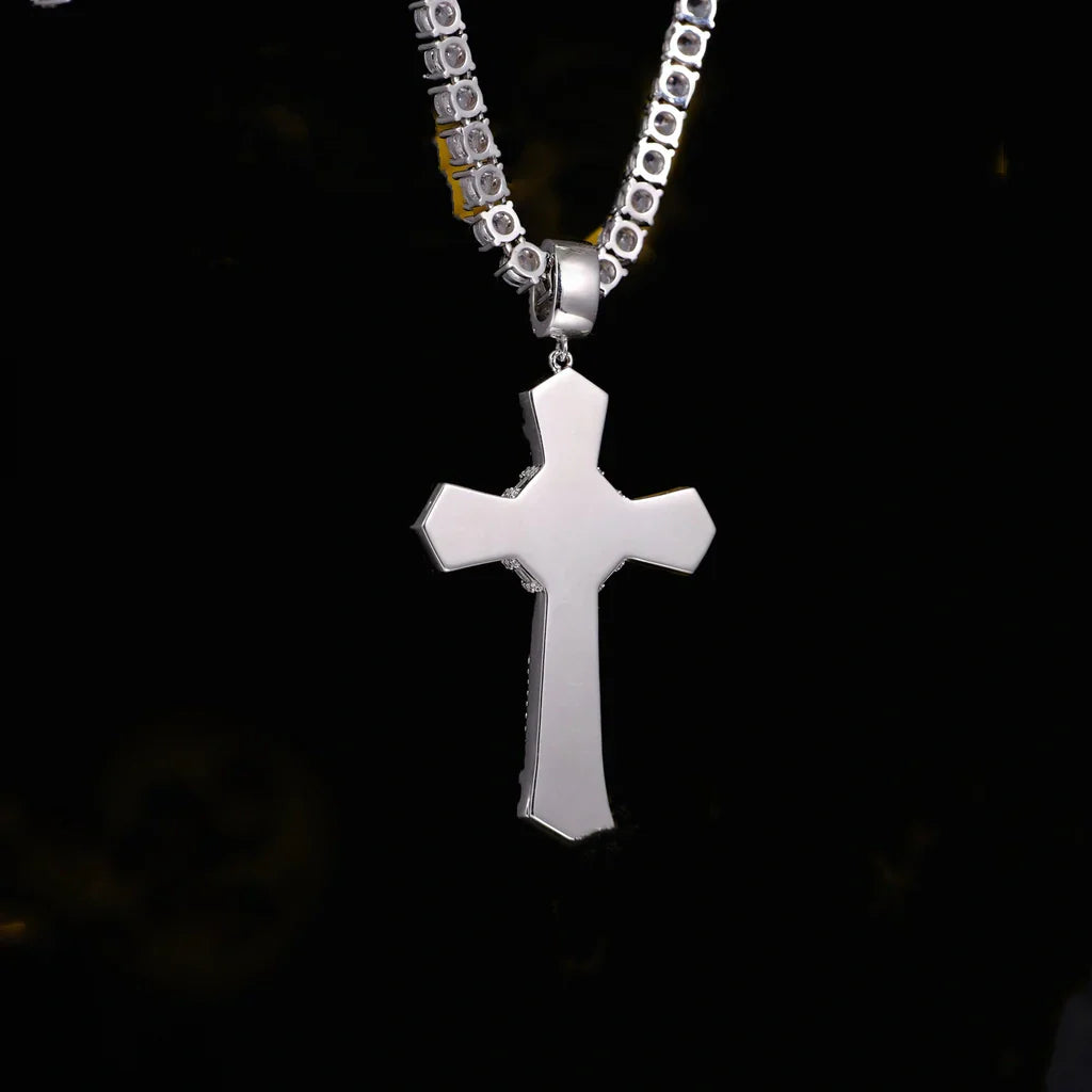 Iced Baguette Jesus Cross Necklace In White Gold