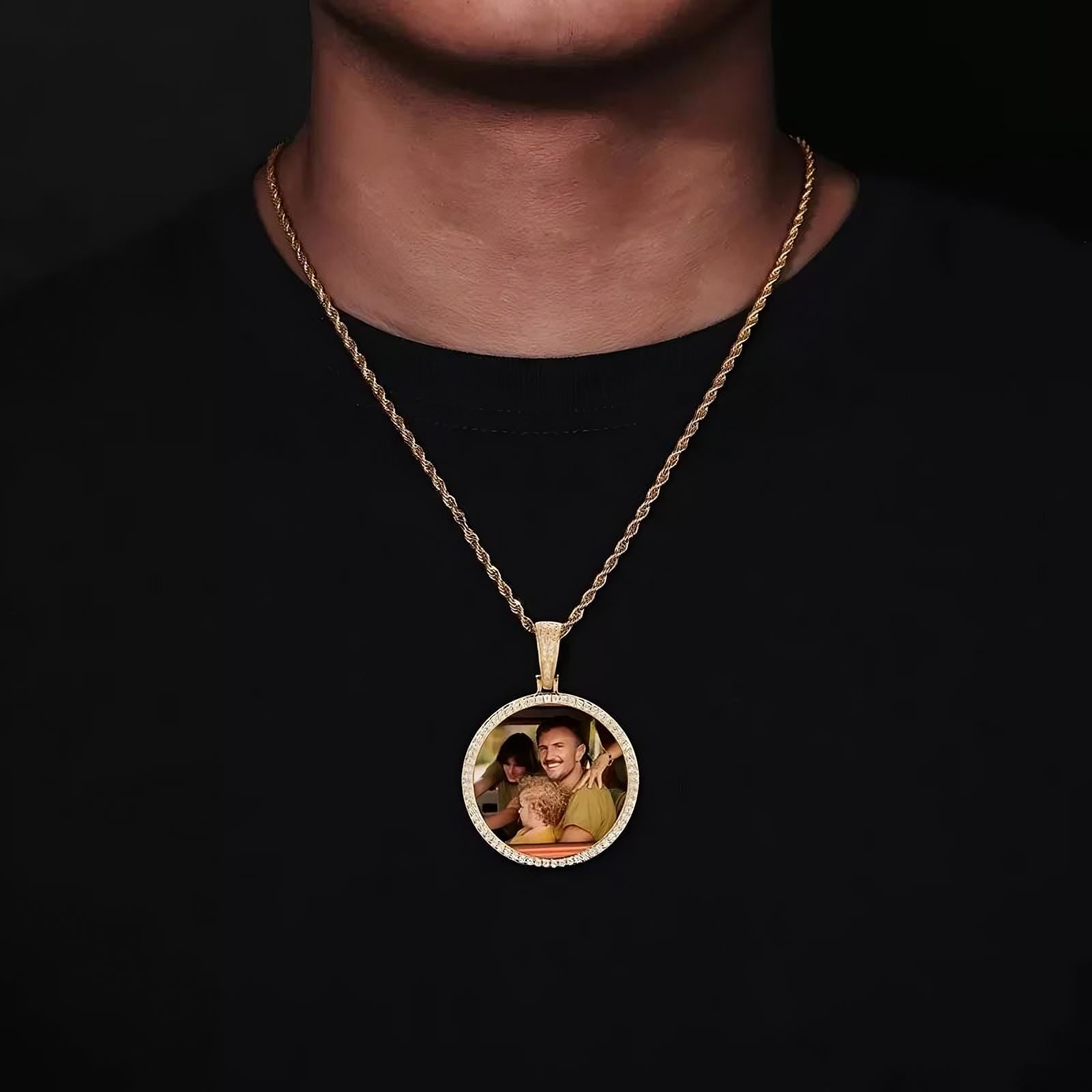Personalized photo round pendant in yellow gold - 45mm custom necklace worn on model