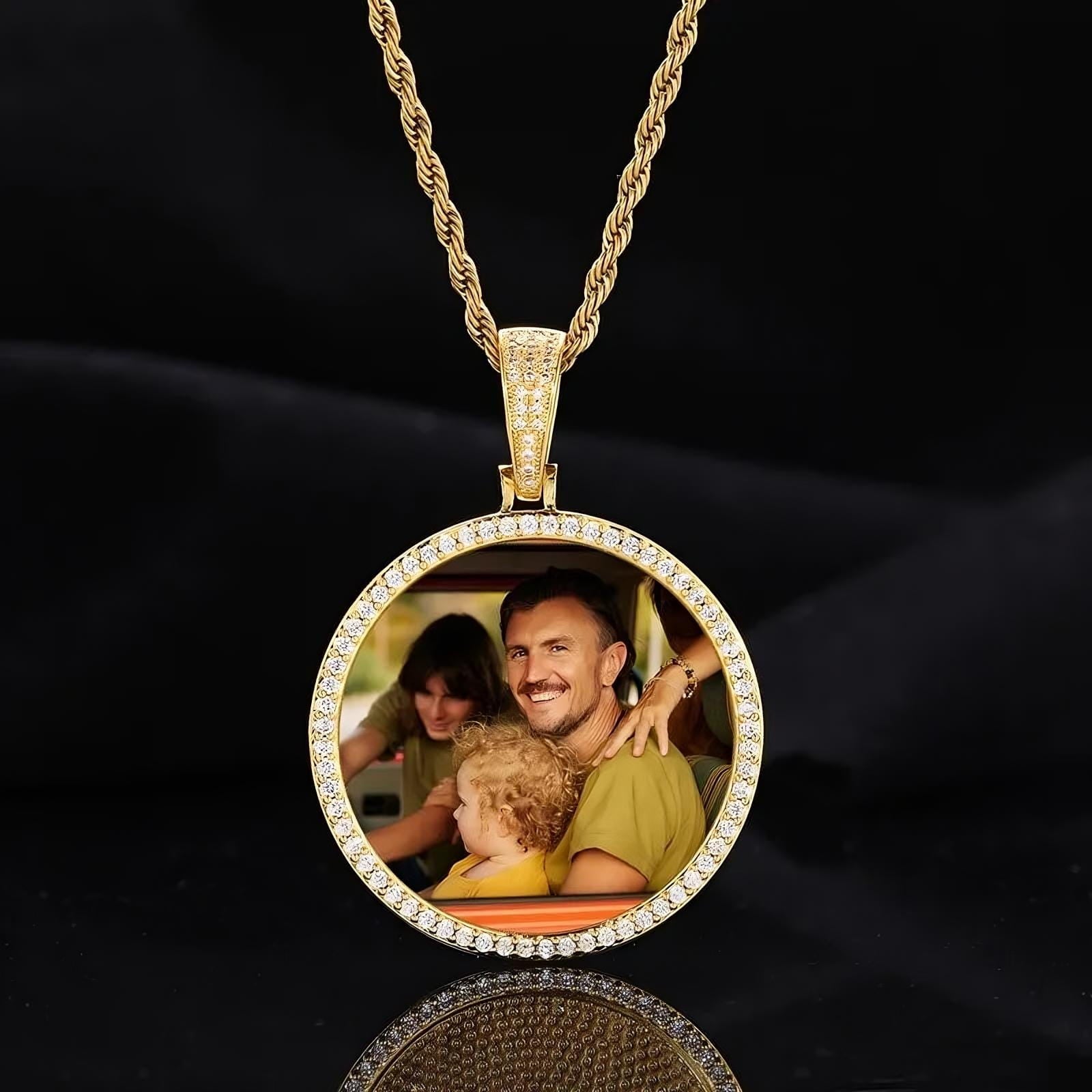 45mm yellow gold custom photo round pendant - personalized necklace with detailed micro-inlaid stones