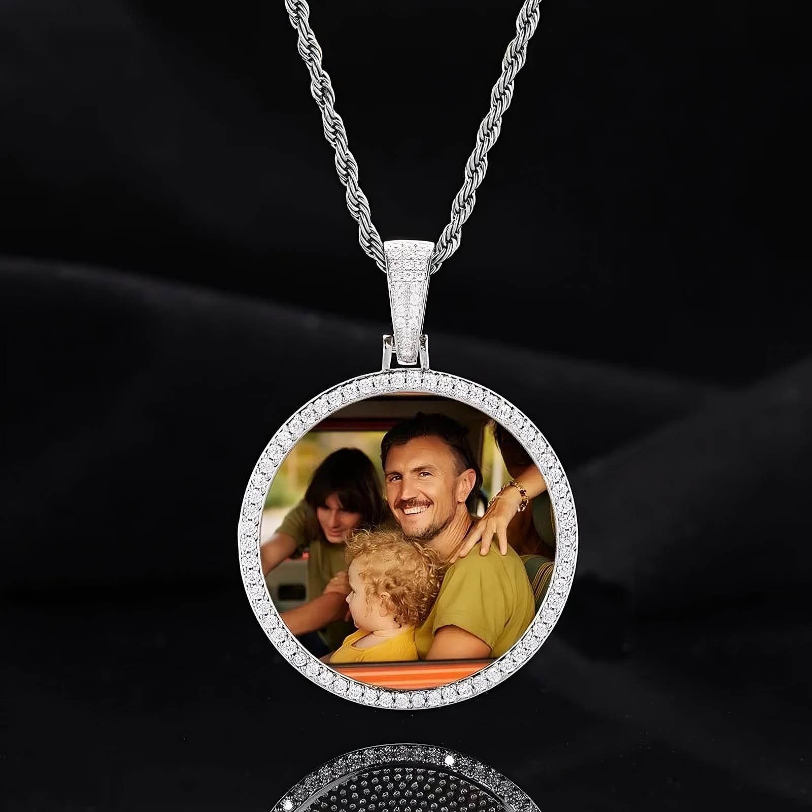 45mm silver custom photo round pendant - personalized necklace with family photo and cubic zirconia setting