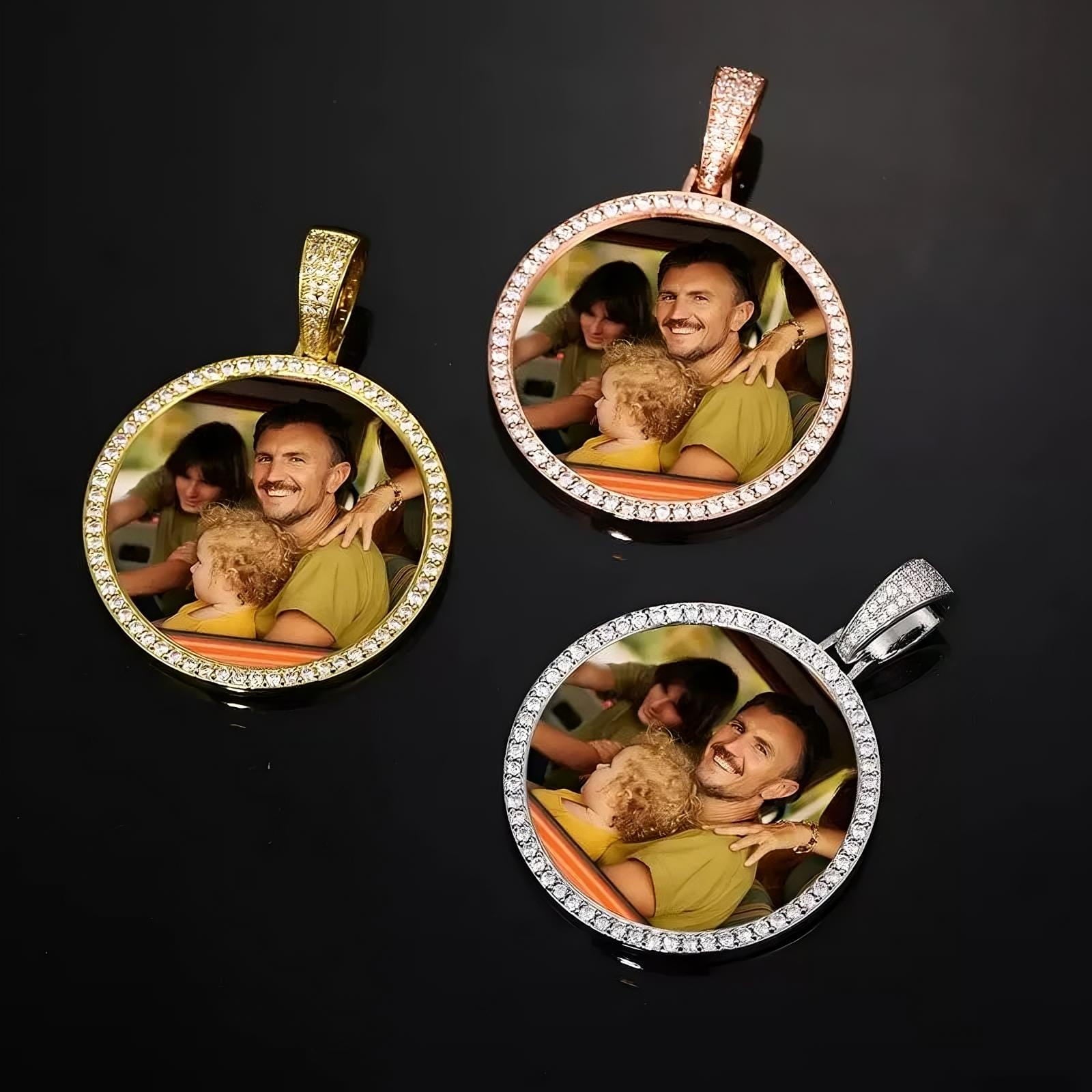 Multiple variations of 45mm custom photo round pendants - yellow gold, silver, and rose gold personalized necklaces