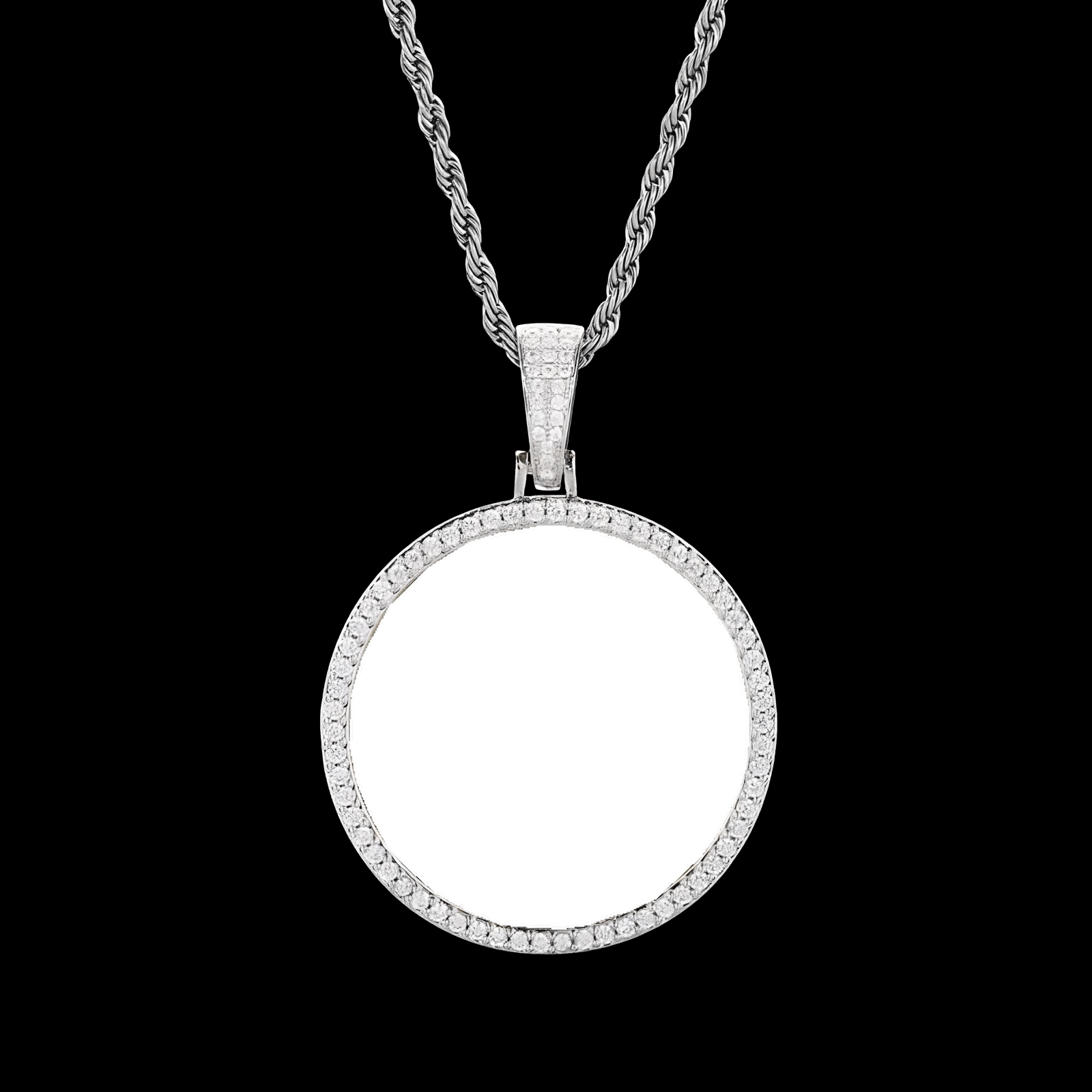 Backside view of 45mm white gold custom photo round pendant – polished finish ready for personalization