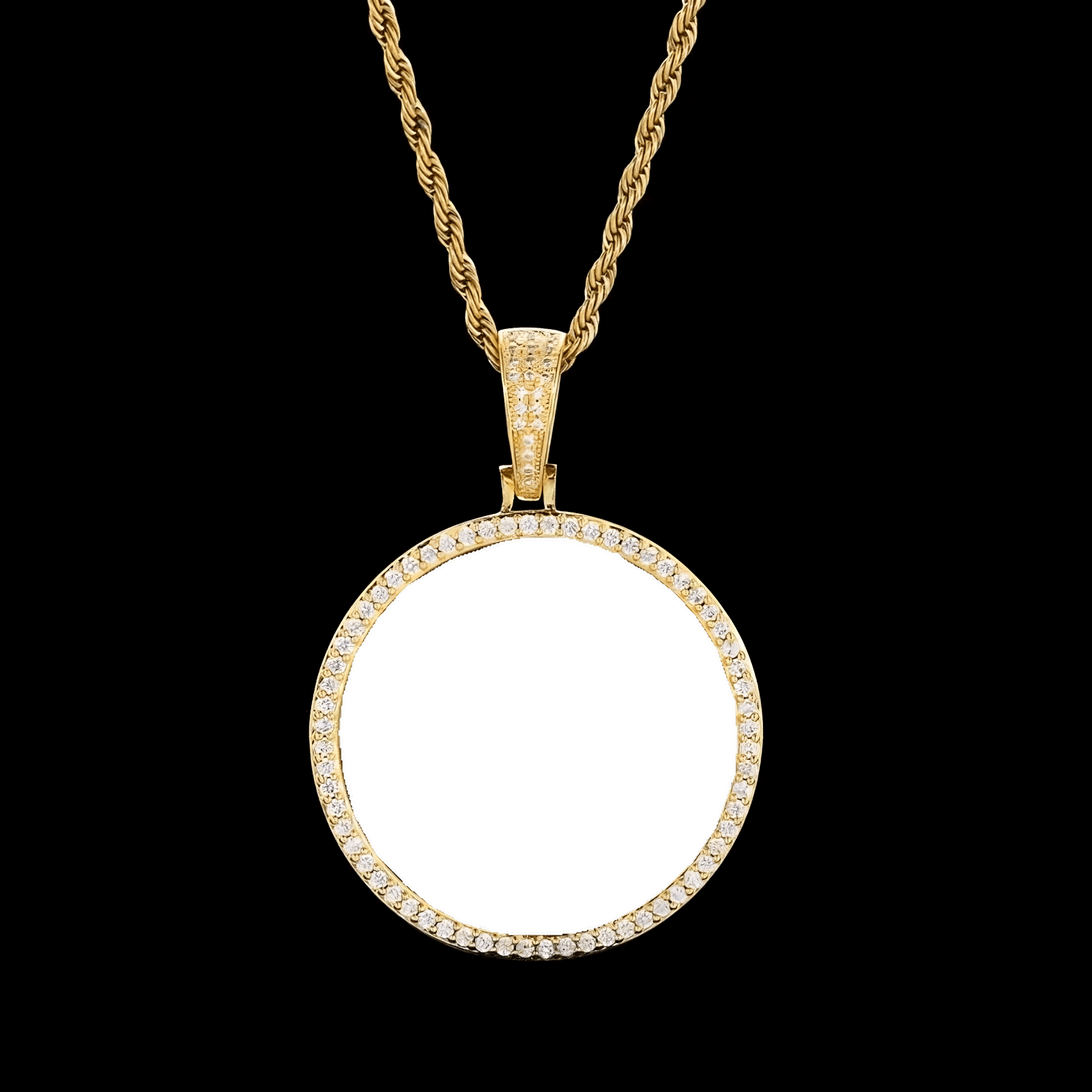 Rear view of 45mm yellow gold custom photo round pendant - polished finish ready for personalization