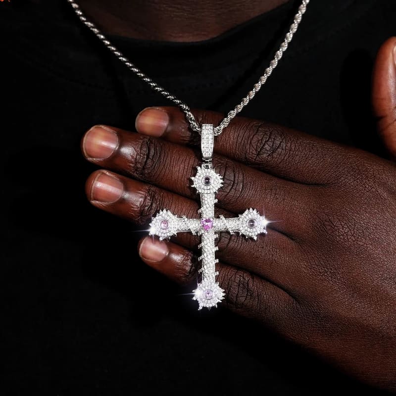 Pink heart cross pendant iced out necklace with CZ stones
