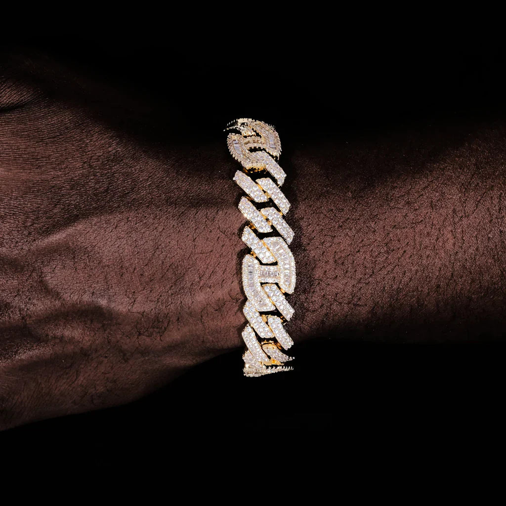 Prong baguette Cuban bracelet 12mm in 18k gold iced jewelry