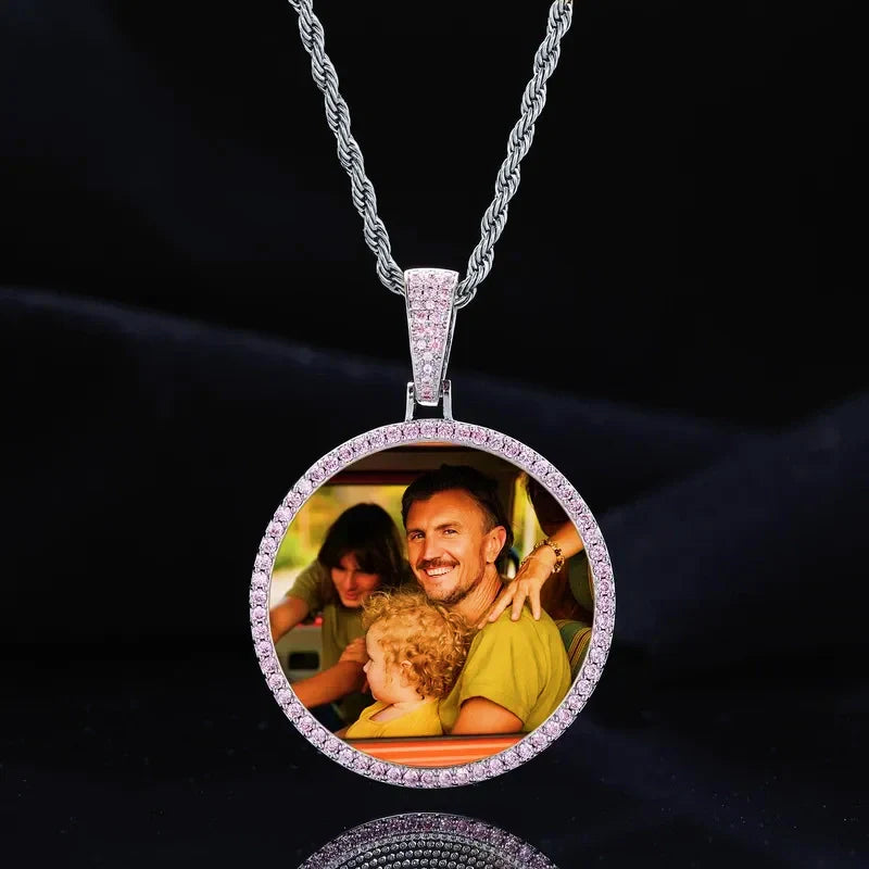 Purple and pink diamond custom photo round pendant – 45mm personalized necklace