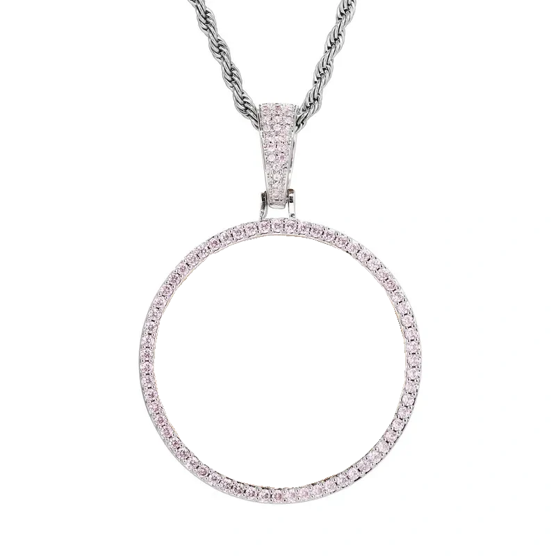 Purple and pink diamond 3D custom photo round pendant worn on neck – 45mm iced-out design