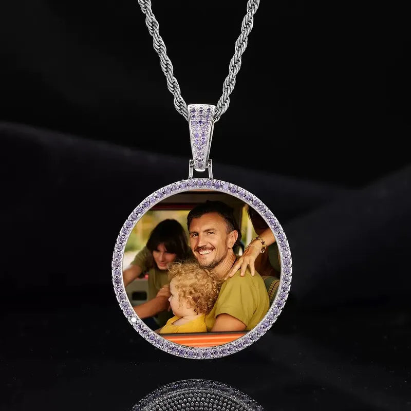 Iced-out custom photo round pendant with purple and pink diamonds – 45mm luxury jewelry