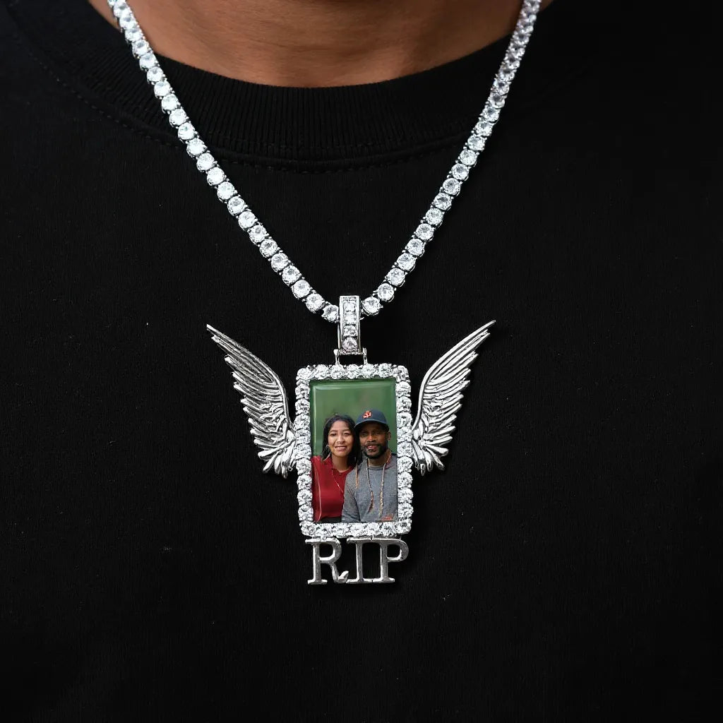 RIP custom picture pendant worn on a chain, silver angel wings jewelry