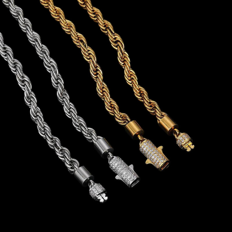 Rope Chain Iced Clasp in White Gold- 6mm