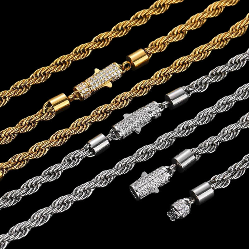 Rope Chain Iced Clasp in White Gold- 6mm