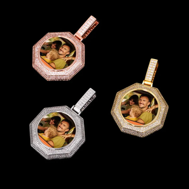 Set of 42mm bagua custom photo pendants – rose gold, yellow gold, and white gold