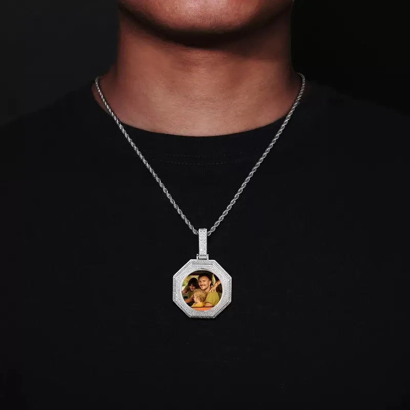 Model wearing white gold 42mm bagua pendant – personalized octagon necklace