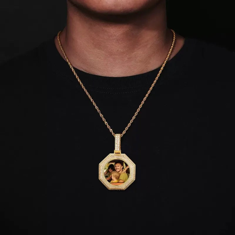 Model wearing rose gold 42mm bagua pendant – custom photo necklace