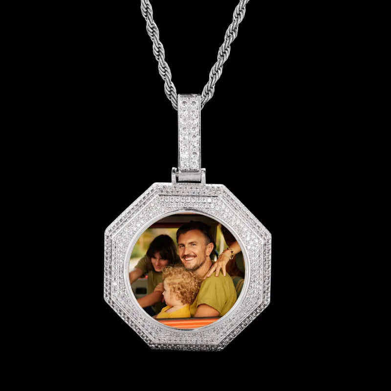 White gold 42mm bagua photo pendant – personalized octagon necklace with custom picture