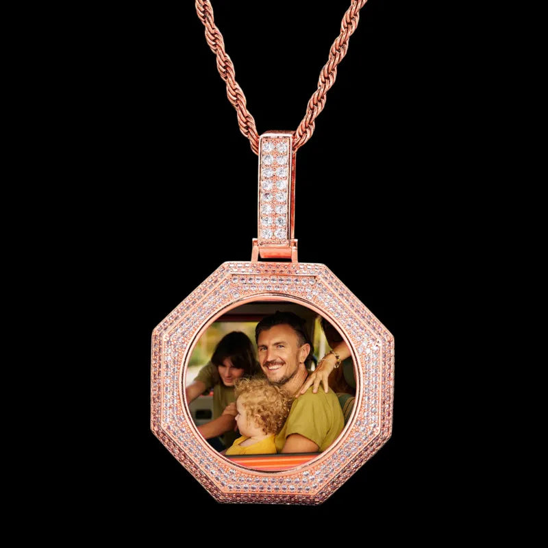 Rose gold custom photo bagua pendant – 42mm personalized octagon necklace with micro-pavé diamonds