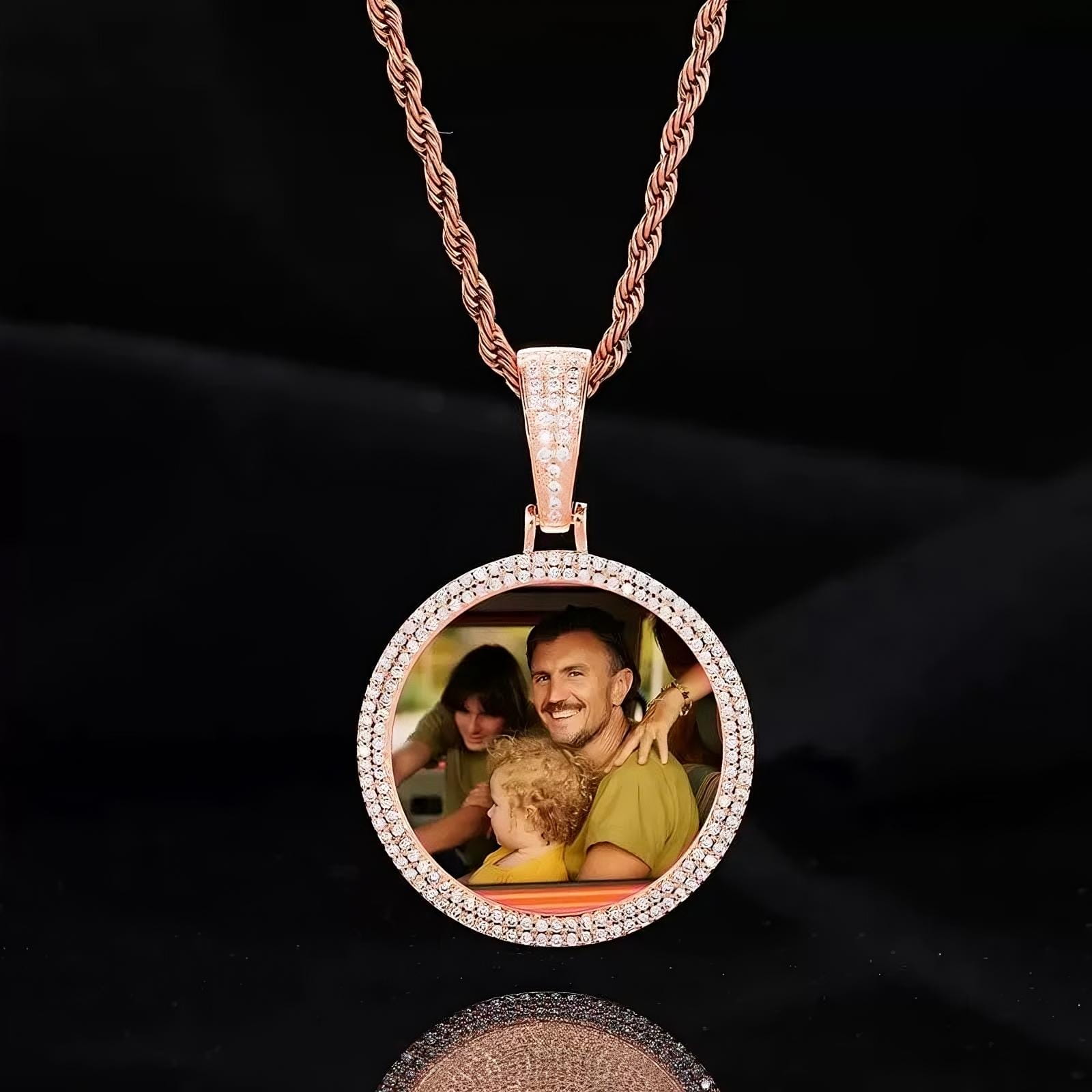 Rose gold custom photo double row micro-pavé round pendant necklace – 37mm personalized jewelry