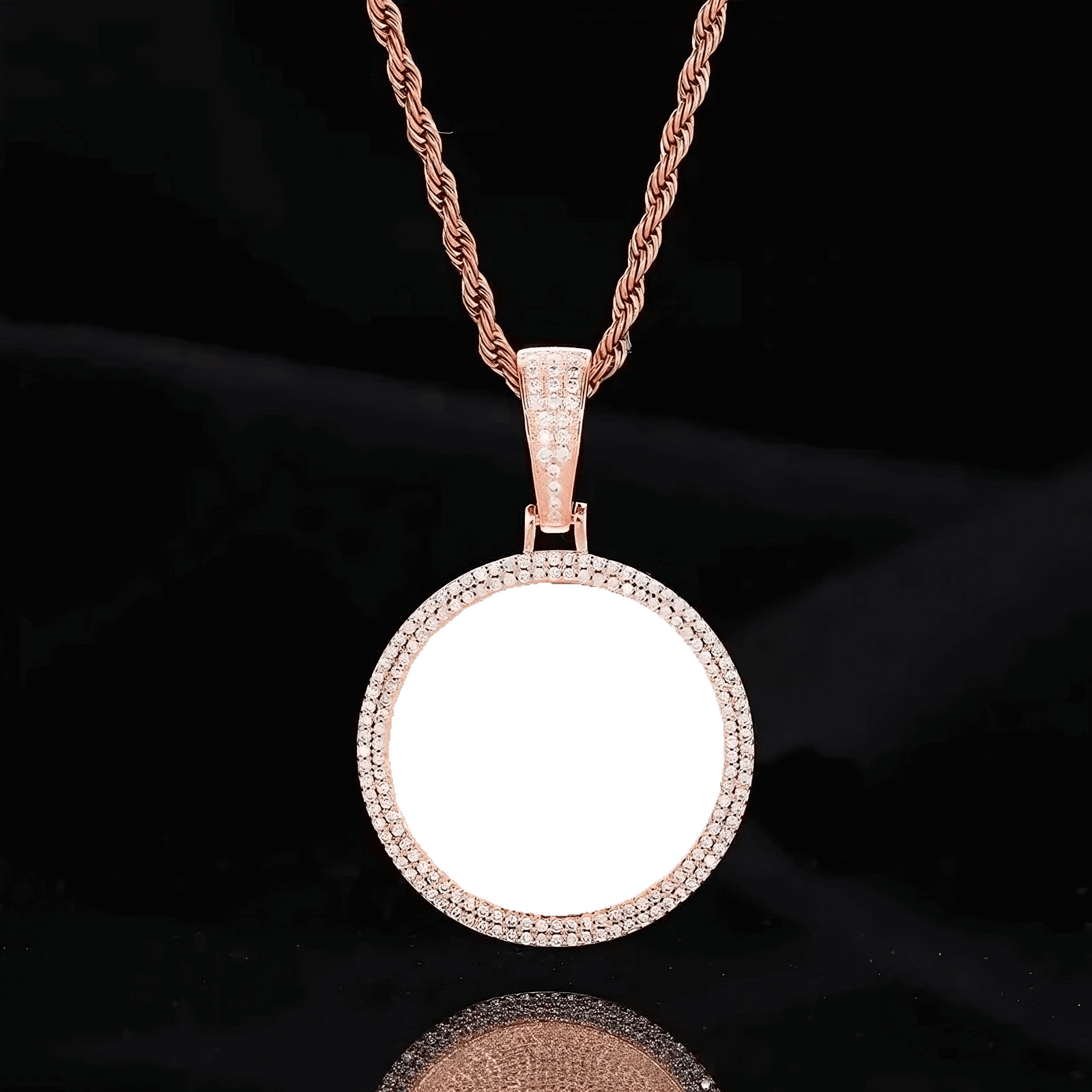Empty rose gold micro-pavé round pendant frame for custom photo – 37mm personalized jewelry