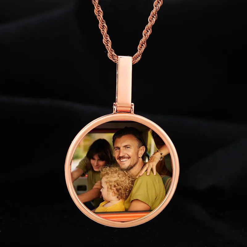 Rose gold custom photo polished round pendant – 45mm personalized necklace with shiny smooth finish