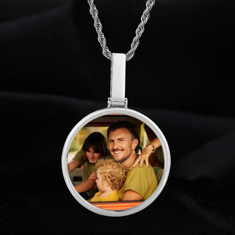 White gold polished 45mm round pendant – custom photo necklace with minimalist design