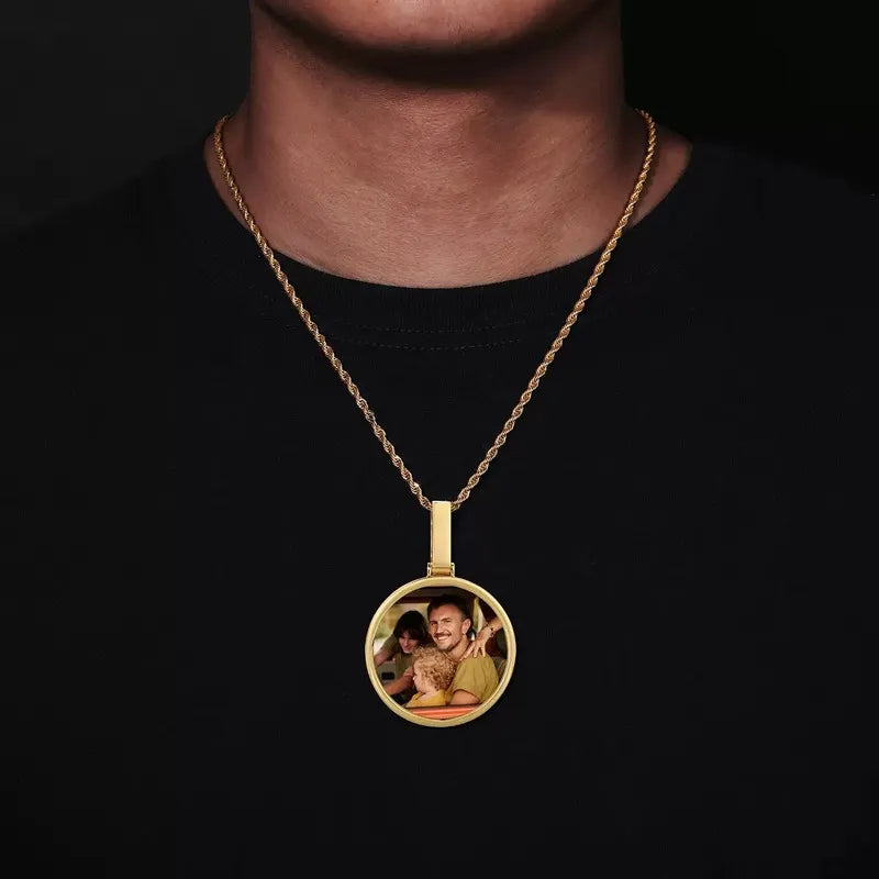 Model wearing 45mm polished round pendant – gold custom photo necklace