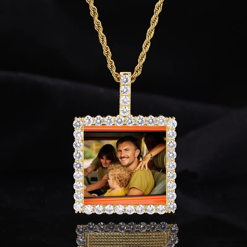 Gold custom photo square pendant – 40mm personalized hip hop necklace