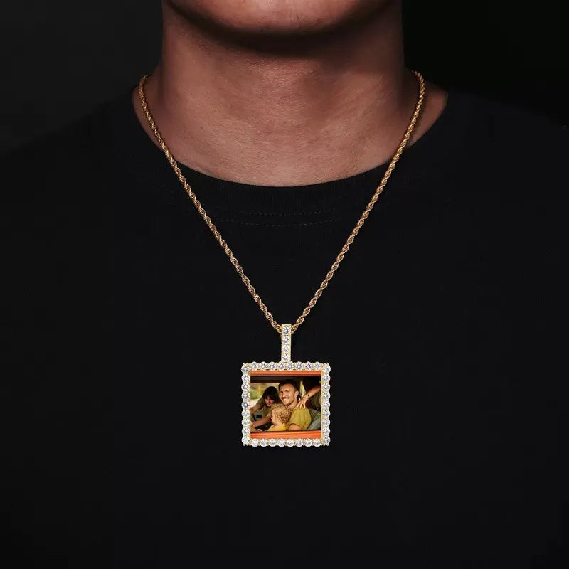 Model showcasing rose gold custom photo square pendant – 40mm personalized gift necklace