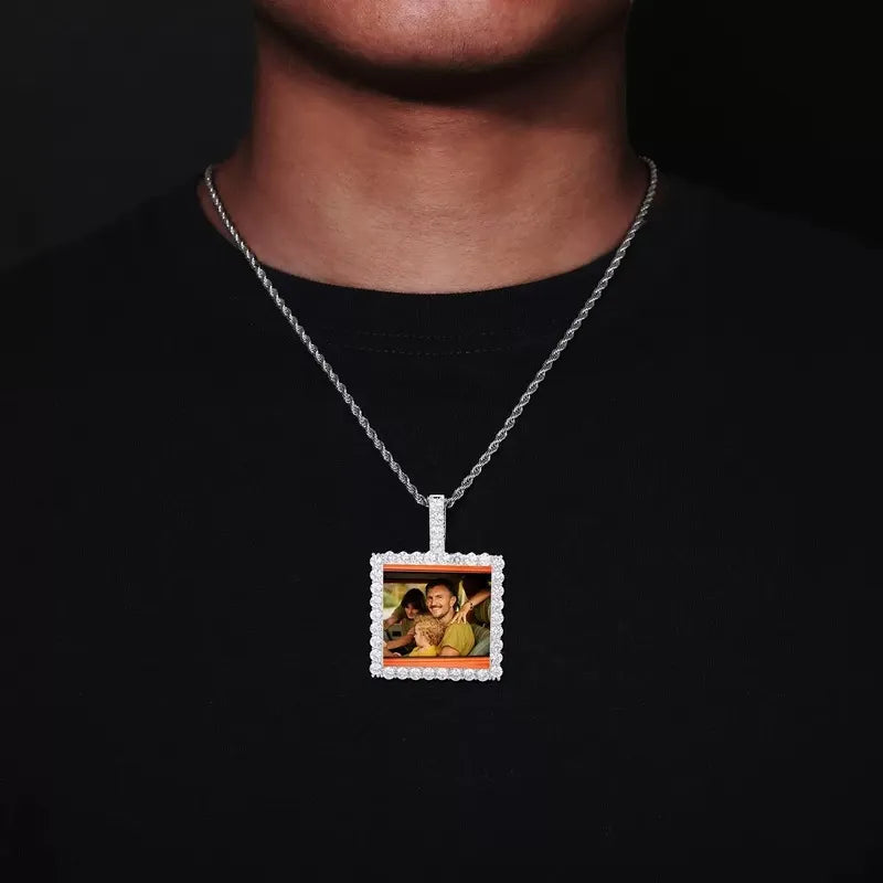 Model wearing custom photo square pendant necklace – 40mm personalized jewelry