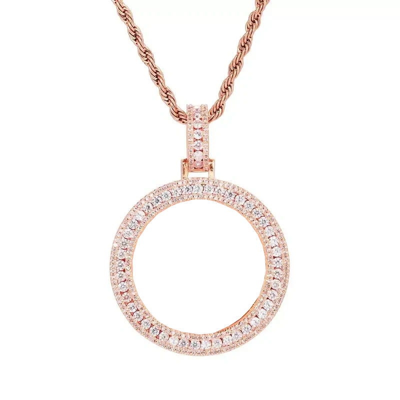 Rose Gold Double Row Micro-Inlaid 3D Custom Photo Round Pendant - 40mm