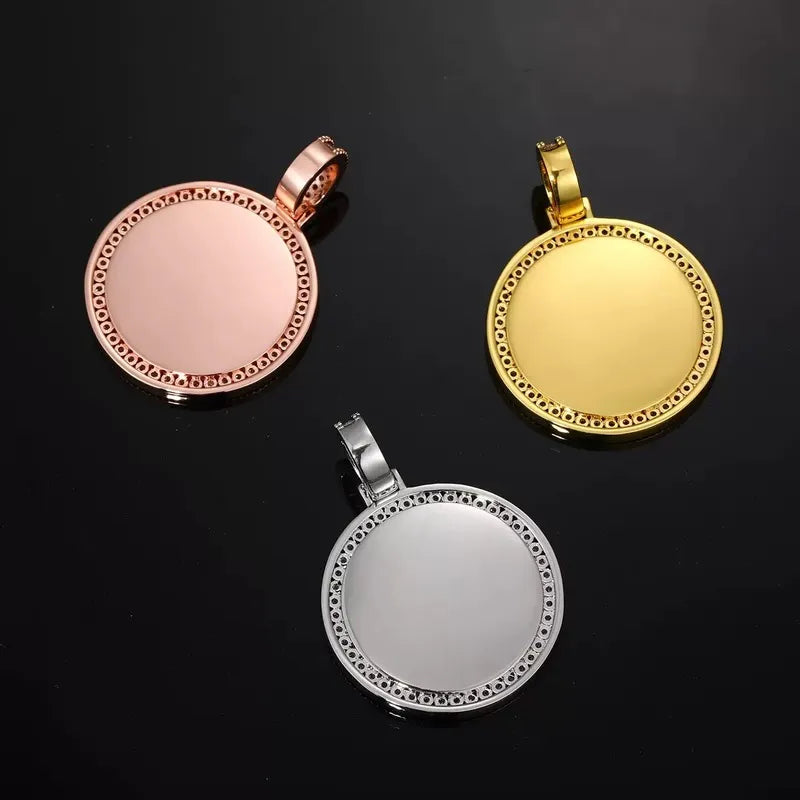 Rose Gold Double Row Micro-Inlaid 3D Custom Photo Round Pendant - 40mm
