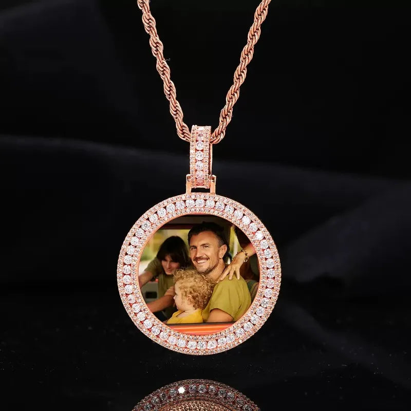 Rose Gold Double Row Micro-Inlaid 3D Custom Photo Round Pendant - 40mm