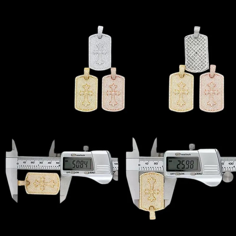 S925 & Moissanite Iced Cross Dog Tag Pendant - 26mm