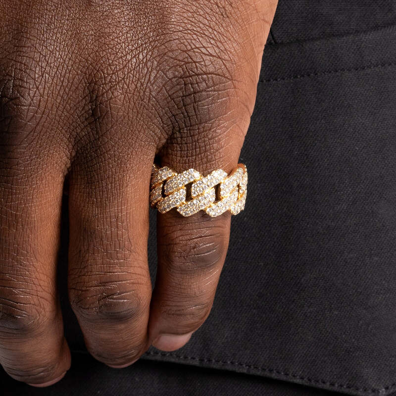 S925 VVS Moissanite Prong Cuban Ring In Yellow Gold - 14mm