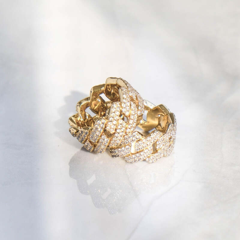 S925 VVS Moissanite Prong Cuban Ring In Yellow Gold - 14mm