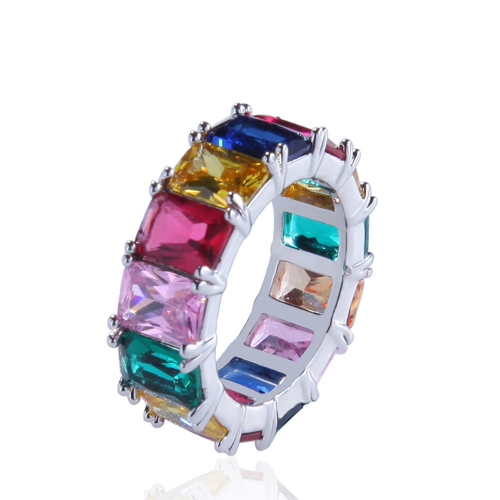 Colorful Rectangular Hip-Hop Ring in 18K Gold Plating