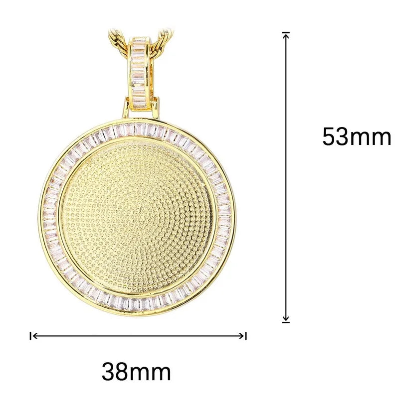 Size chart and dimensions of T-square micro-inlaid custom photo pendant – 38mm round necklace