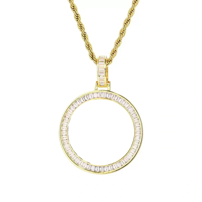 T-square Micro-inlaid Customized Photo Round Pendant in 18k Gold - 38mm